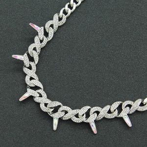 Silver punk Cuban chain necklace with sparkling rhinestones and rainbow crystal spikes