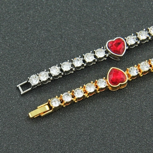 Hip hop heart tennis bracelet with red crystals and cubic zirconia in gold and silver
