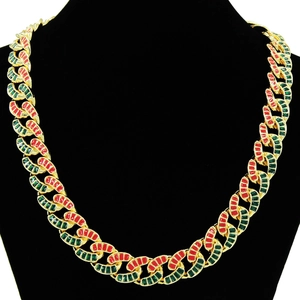 Collana a catena cubana dorata hip-hop con smalto alternato rosso e verde per uomo