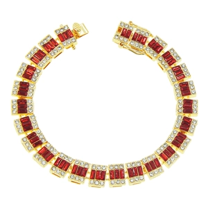 Hip hop style gold bracelet for men featuring red rectangular stones and iced-out crystals
