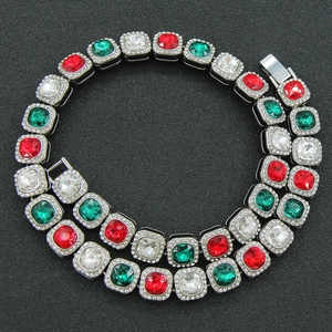 Colorful rhinestone iced-out Cuban chain necklace with red, green, and clear stones