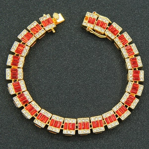 Hip Hop Cuban Link Bracelet Iced Out Rhinestone Baguette Cut Red Stone Alloy Jewelry Streetwear Party Men Hand Bracelet