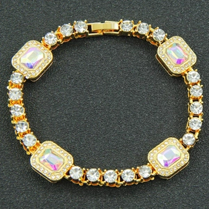 Iced out cuban link necklace with colorful square rhinestones and gold plating