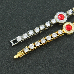 Bracciale tennis hip-hop da uomo con cristalli e pietra centrale rossa in oro e argento