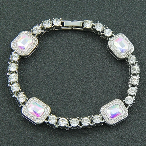 Silver link necklace with round diamonds and large rectangular pink crystals for men