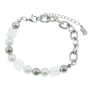 Silver chain bracelet with white pearls and crystal beads on a white background