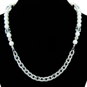 Titanium Steel Spliced Necklace With Plastic Artificial Pearl And Crystal Beads Asymmetric Cuban Chain For Women Men Punk Style