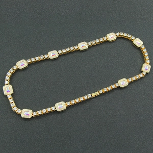 Hip hop gold plated tennis necklace with rectangular rainbow diamonds and clear pavé crystals
