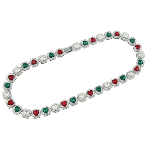 Collier gourmette hip hop avec cœurs en strass colorés et chaîne argentée