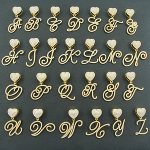 Iced out gold A-Z cursive alphabet letter pendants with heart clasp and cubic zirconia