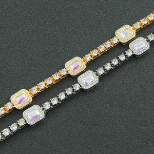 Hip hop tennis chain necklace with colorful rectangular crystals in gold and silver finish