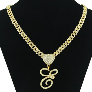 Hip hop gold Cuban chain necklace with iced out heart clasp and cursive letter E pendant