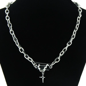 Collier Bracelet en Acier Titane Punk Gothique Chaîne Épissée Unisexe Bijoux Hip Hop Croix Strass Noir Accessoire Mode