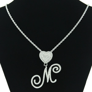 Hip hop heart and letter M pendant necklace with sparkling rhinestones on rope chain