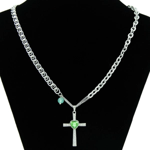 Stainless Steel Green Heart Rhinestone Cross Pendant Necklace Individual Punk Cuban Chain For Men Women Jewelry Gift