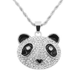 Detailed close-up of hip-hop panda pendant necklace with full rhinestones and enamel details