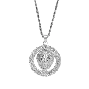 Hip hop lion head pendant necklace with iced out crystals on a silver rope chain