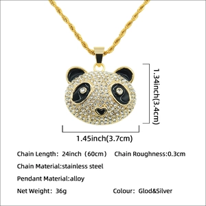 Hip hop 3D panda pendant necklace with crystals on 60cm golden twist chain
