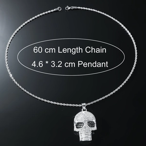 Hip hop skull pendant necklace with silver rope chain and full rhinestone setting