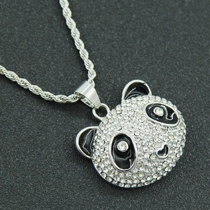 Hip hop 3D panda pendant necklace with white crystals and black enamel on silver rope chain