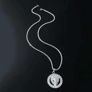 Hip hop lion head pendant necklace with silver rope chain on a sleek black background