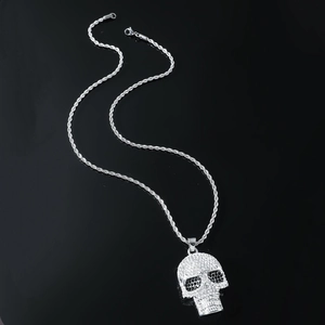 Hip hop silver skull pendant necklace with sparkling rhinestones and black eye stones