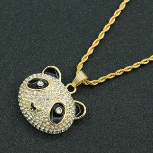 Hip hop panda pendant necklace with gold plating and sparkling crystal rhinestones