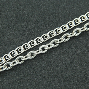 Detailed close-up of mixed silver metal chains featuring curb and oval link styles