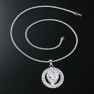 Hip hop silver lion head pendant necklace with iced out crystals on rope chain