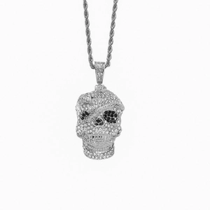 Hip hop skull pendant necklace with silver snake head and sparkling crystals on white background