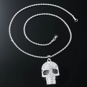 Hip hop silver-toned skull pendant necklace with sparkling crystals and rope chain