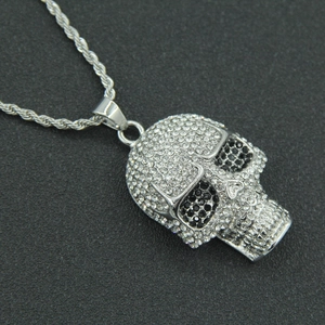 Hip hop skull pendant necklace with silver plating and white rhinestones on rope chain