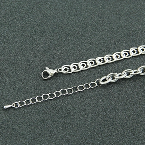 Detail of silver chain with lobster clasp, extender chain, and polished metal texture
