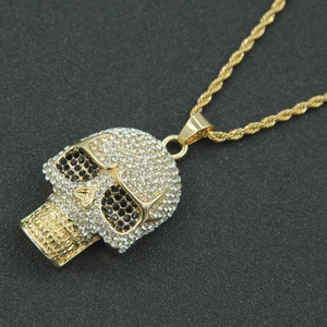 Hip hop skull pendant necklace with gold plated rope chain and sparkling rhinestones