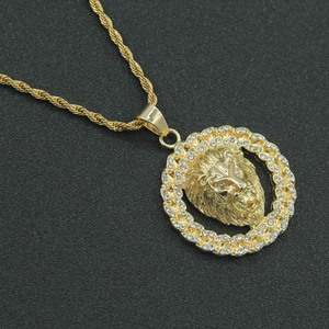 Hip hop gold lion head pendant necklace with iced out rhinestones on a rope chain