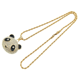 Hip hop 3D panda head pendant necklace with white crystals and gold rope chain