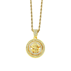 Collier Pendentif Signe Dollar Pivotant Hip Hop Chaîne Torsadée en Acier Inoxydable Alliage de Zinc Strass Bijoux pour Hommes Femmes