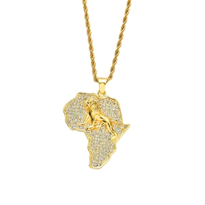 Hip Hop Rhinestone Africa Map Lion Pendant Necklace Zinc Alloy Stainless Steel Rope Chain Jewelry For Men Women Gold Silver