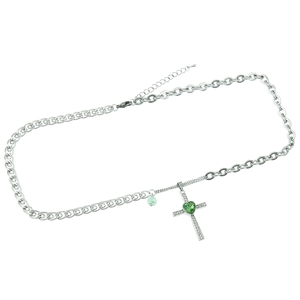Silver cross necklace with a green heart gemstone and pavé rhinestones on a chunky chain