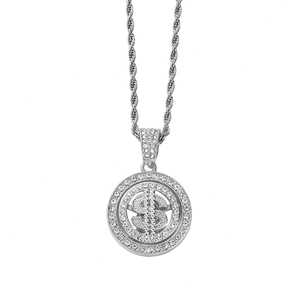 Collier hip hop chaîne torsadée argentée avec pendentif dollar rotatif serti de strass