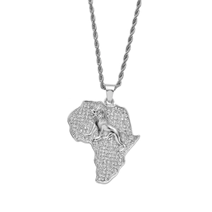 Iced out Africa map pendant with lion relief and silver rope chain in hip hop style