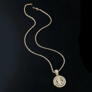 Collier hip hop doré avec pendentif dollar serti de cristaux et chaîne torsadée