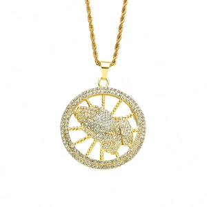 Collana con Ciondolo Mani in Preghiera Hip Hop Iced Out Catena a Corda in Acciaio Inossidabile Lega di Zinco Strass Gioielli Religiosi