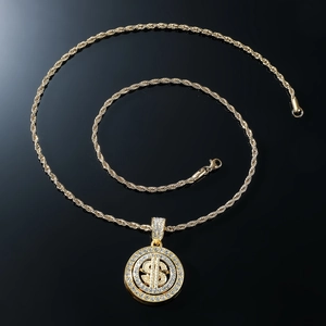Collier hip hop doré avec pendentif dollar rotatif et cristaux sur chaîne torsadée