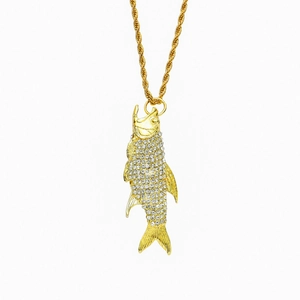 Hip Hop 3D Rhinestone Fish Pendant Necklace For Men Women Stainless Steel Rope Chain Zinc Alloy Animal Jewelry Gift