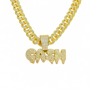 Hip Hop Iced Out Cash Buchstabe Anhänger Halskette Herren Zinklegierung Strass Panzerkette Punk Streetwear Schmuck Gold Silber