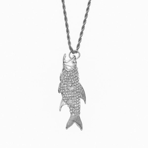 Hip hop silver fish pendant necklace with sparkling pavé crystals on a rope chain
