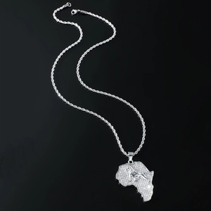 Iced out silver Africa map pendant necklace with lion relief and sparkling rope chain