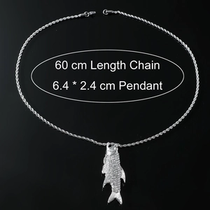 Hip hop silver fish pendant with crystals on 60cm rope chain for men and women