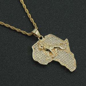 Iced out gold Africa map pendant necklace with lion relief and twisted rope chain